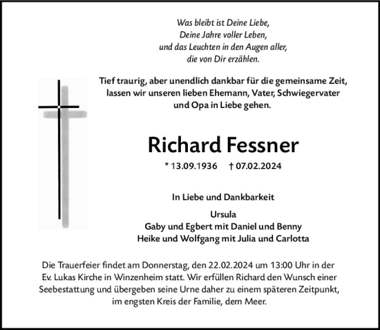 Traueranzeige von Richard Fessner von Allgemeine Zeitung Bad Kreuznach