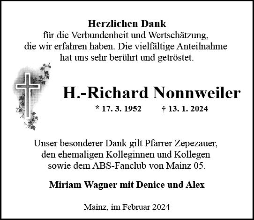  Traueranzeige für Richard Nonnweiler vom 03.02.2024 aus Allgemeine Zeitung Mainz