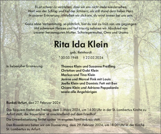 Traueranzeige von Rita Ida Klein von Nassauische Neue Presse
