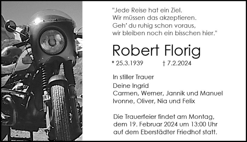  Traueranzeige für Robert Florig vom 10.02.2024 aus Darmstädter Echo
