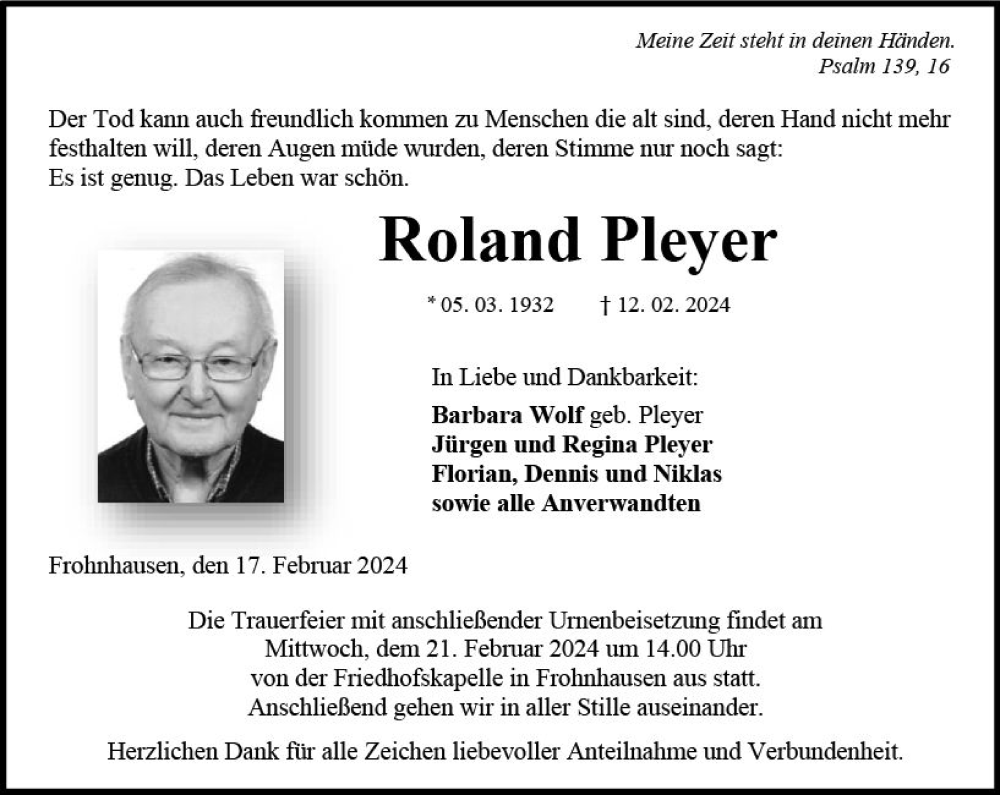  Traueranzeige für Roland Pleyer vom 17.02.2024 aus Dill Block