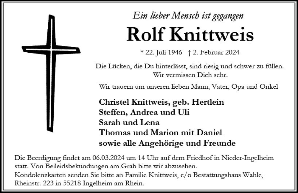  Traueranzeige für Rolf Knittweis vom 17.02.2024 aus Allgemeine Zeitung Bingen/Ingelheim