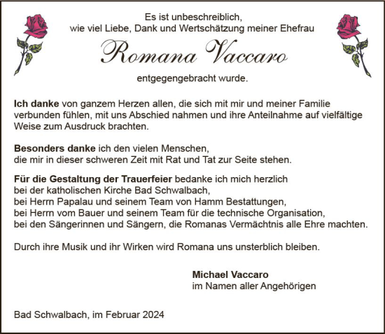 Traueranzeige von Romana Vaccaro von Wiesbadener Kurier