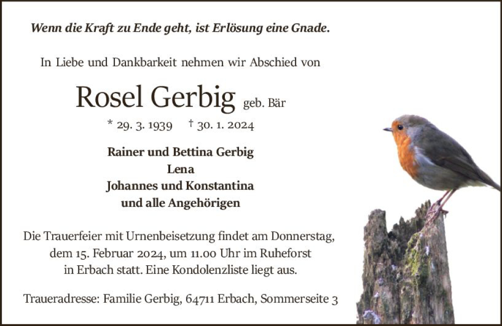  Traueranzeige für Rosel Gerbig vom 03.02.2024 aus Odenwälder Echo