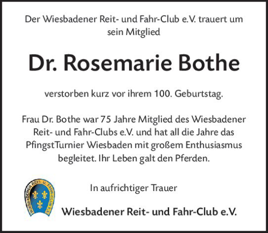 Traueranzeige von Rosemarie Bothe von Wiesbadener Kurier