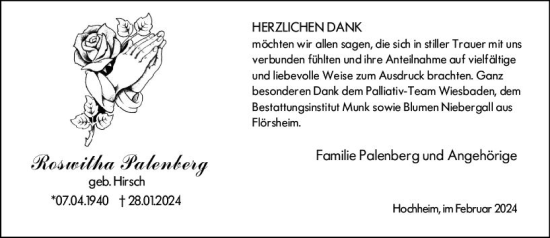 Traueranzeige von Roswitha Palenberg von Hochheimer Zeitung