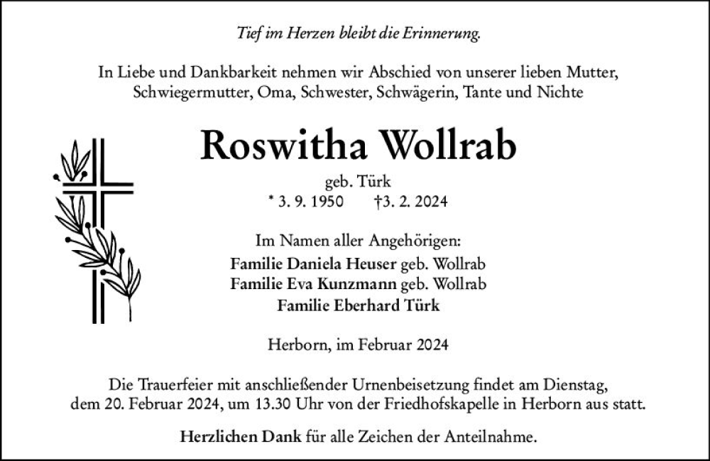  Traueranzeige für Roswitha Wollrab vom 15.02.2024 aus Dill Block