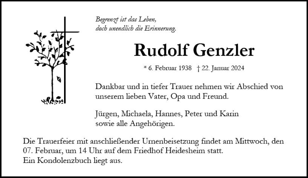  Traueranzeige für Rudolf Genzler vom 03.02.2024 aus Allgemeine Zeitung Bingen/Ingelheim