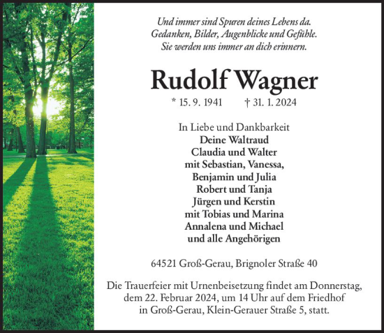 Traueranzeige von Rudolf Wagner von Groß-Gerauer Echo