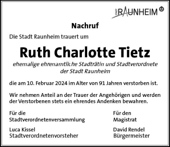 Traueranzeige von Ruth Charlotte Tietz von Rüsselsheimer Echo