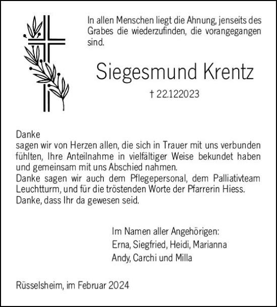 Traueranzeige von Siegesmund Krentz von Rüsselsheimer Echo