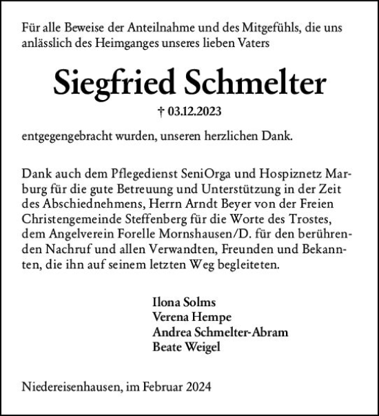 Traueranzeige von Siegfried Schmelter von Hinterländer Anzeiger