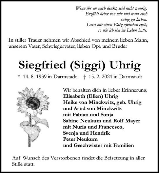 Traueranzeige von Siegfried Uhrig von Darmstädter Echo