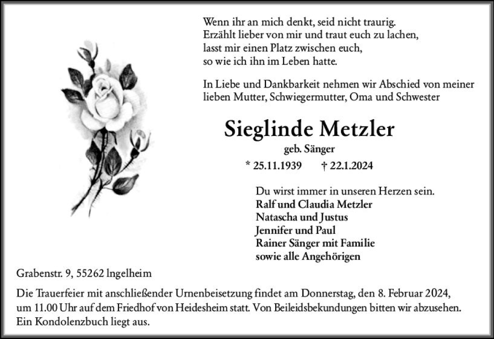  Traueranzeige für Sieglinde Metzler vom 03.02.2024 aus Allgemeine Zeitung Bingen/Ingelheim