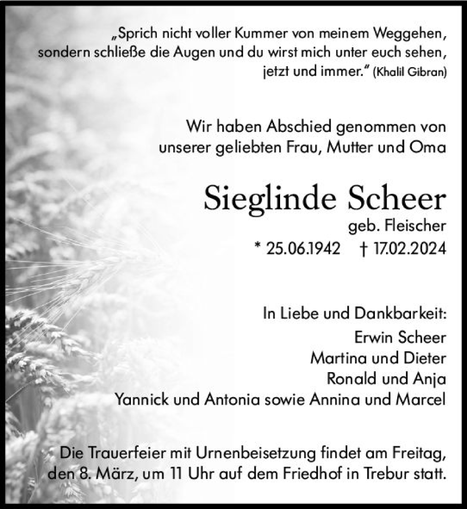  Traueranzeige für Sieglinde Scheer vom 28.02.2024 aus Rüsselsheimer Echo