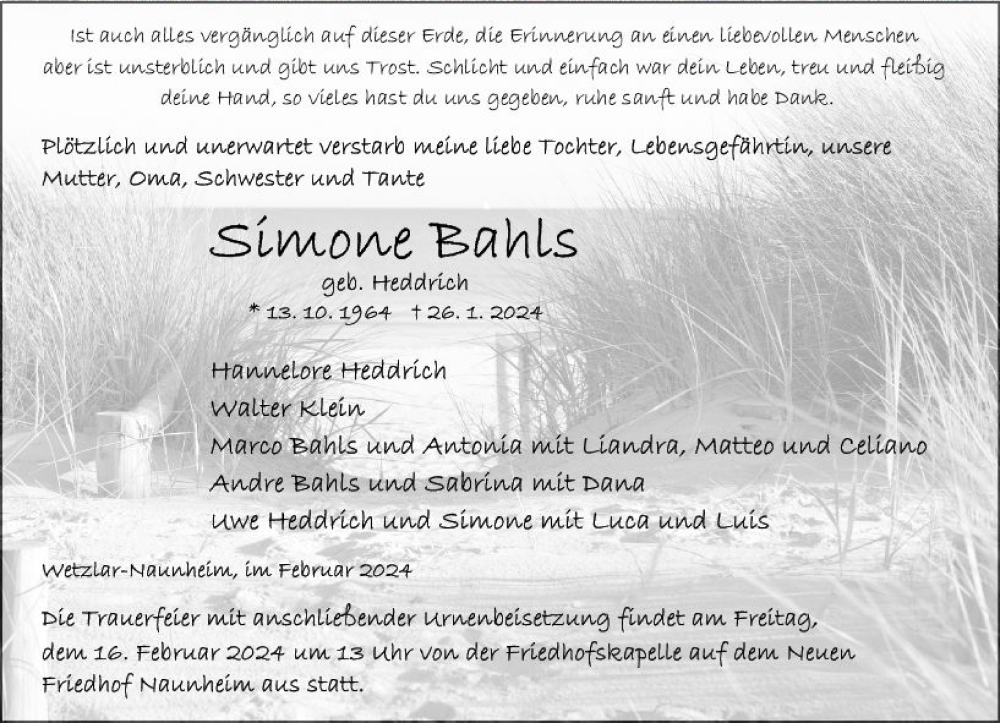  Traueranzeige für Simone Bahls vom 10.02.2024 aus Wetzlarer Neue Zeitung