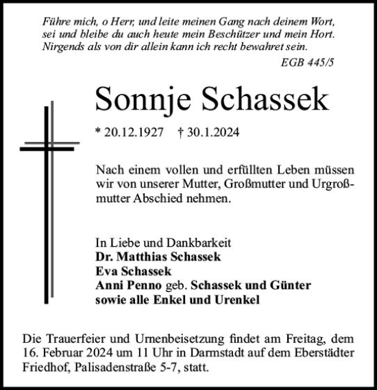 Traueranzeige von Sonnje Schassek von Darmstädter Echo