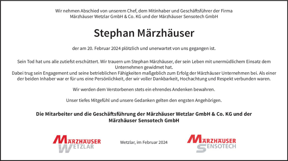  Traueranzeige für Stephan Märzhäuser vom 24.02.2024 aus Wetzlarer Neue Zeitung
