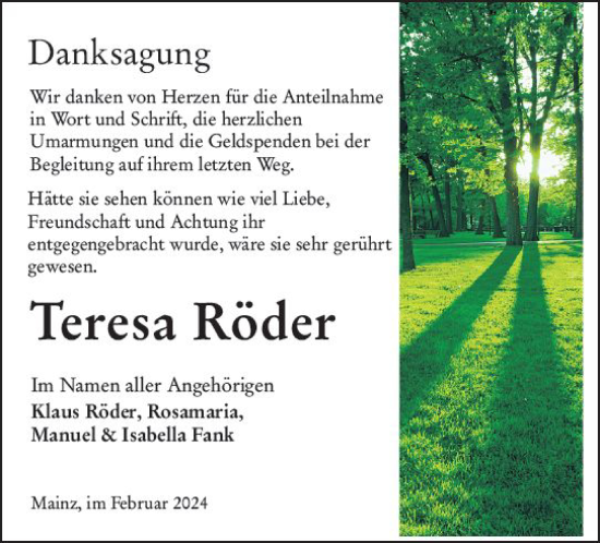 Traueranzeige von Teresa Röder von Allgemeine Zeitung Mainz