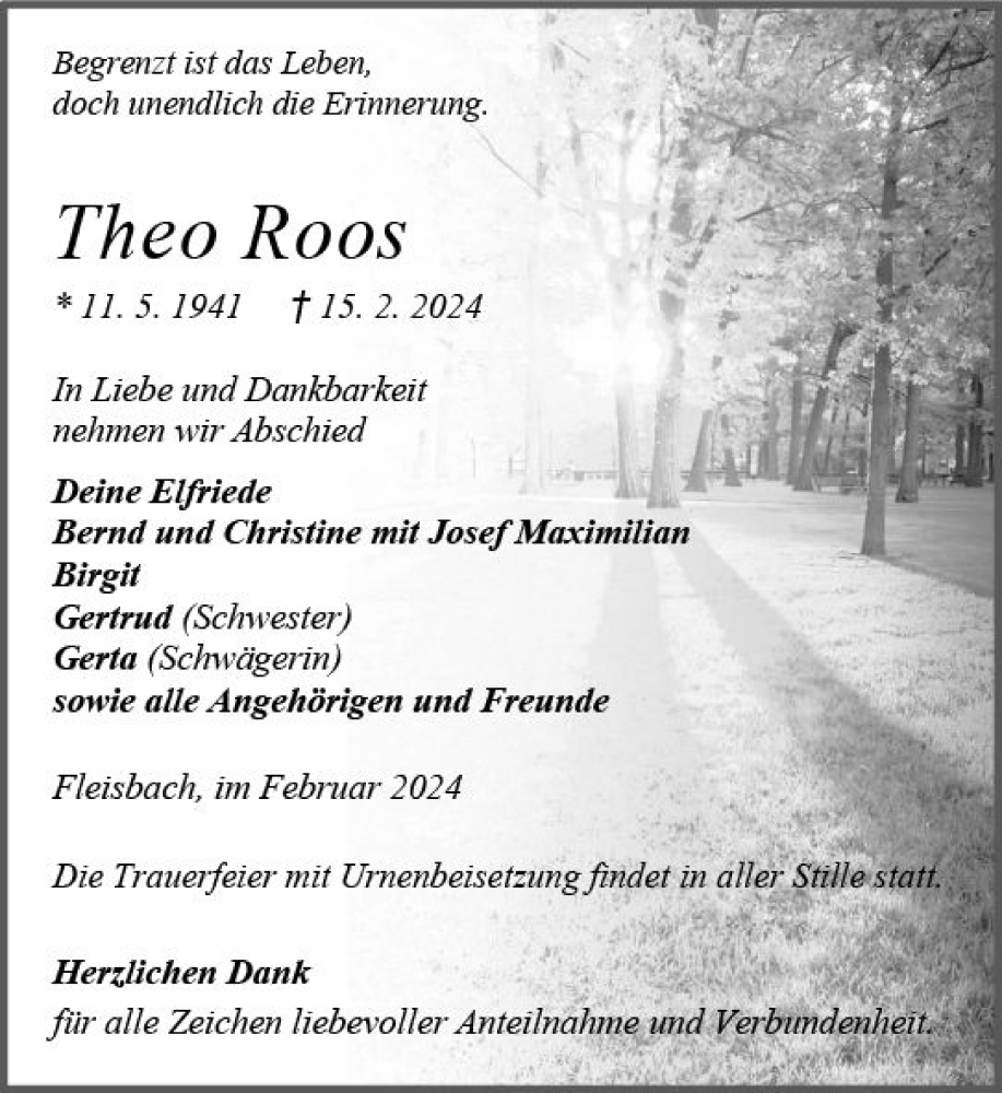  Traueranzeige für Theo Roos vom 21.02.2024 aus Dill Block