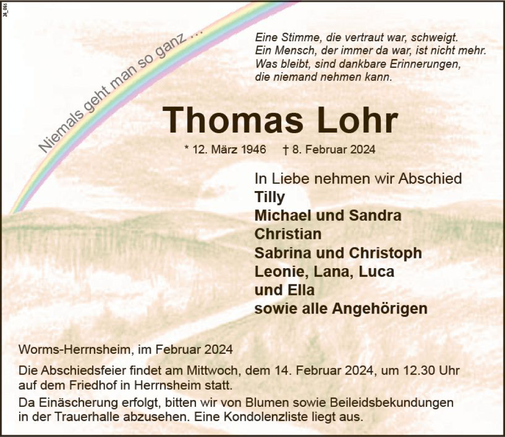  Traueranzeige für Thomas Lohr vom 10.02.2024 aus Wormser Zeitung