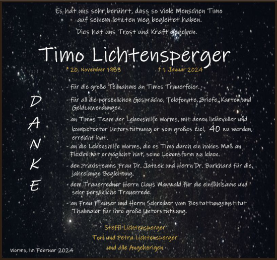 Traueranzeige von Timo Lichtensperger von Wormser Zeitung