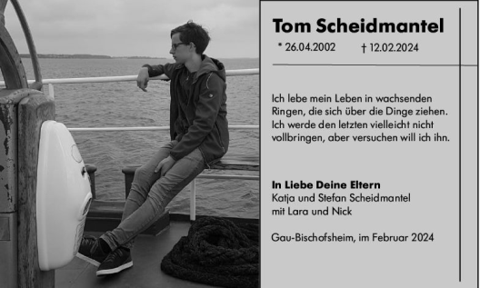 Traueranzeige von Tom Scheidmantel von Allgemeine Zeitung Mainz