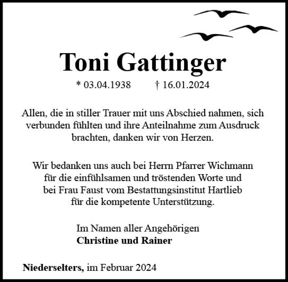  Traueranzeige für Toni Gattinger vom 22.02.2024 aus Camberger Anzeiger