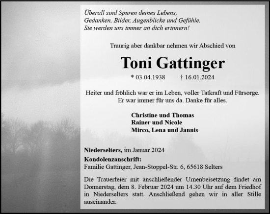 Traueranzeige von Toni Gattinger von Camberger Anzeiger
