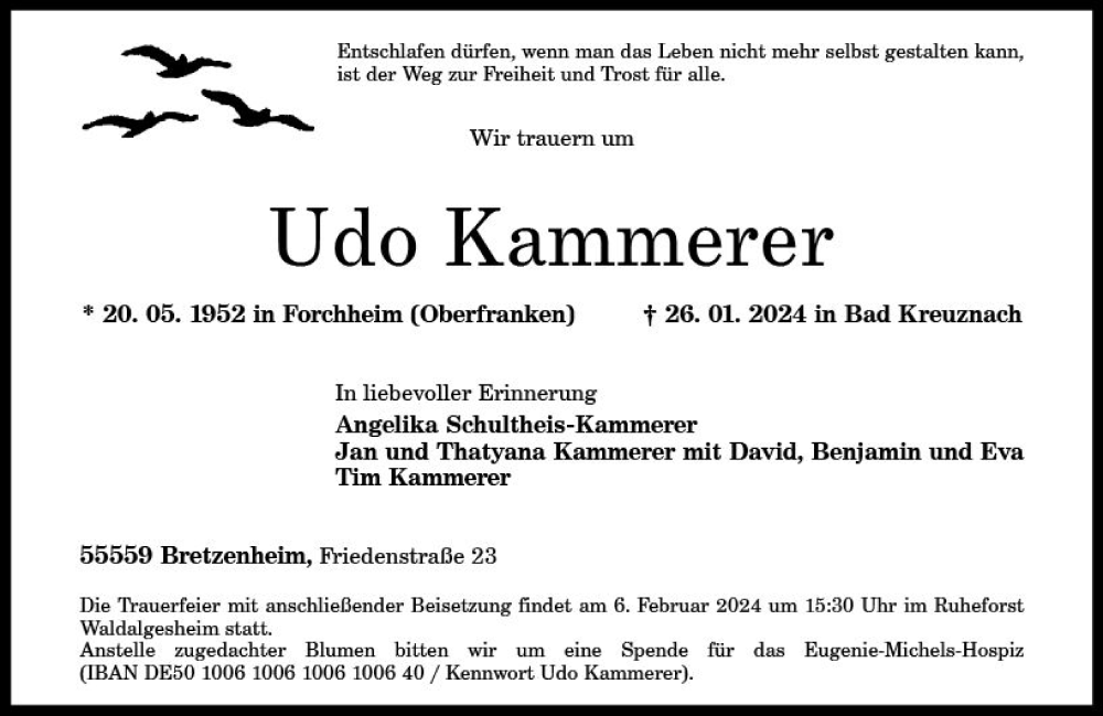  Traueranzeige für Udo Kammerer vom 06.02.2024 aus Allgemeine Zeitung Bad Kreuznach