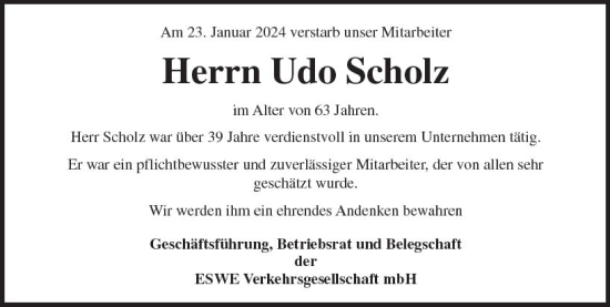 Traueranzeige von Udo Scholz von Wiesbadener Kurier