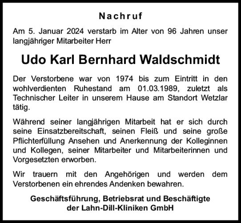  Traueranzeige für Udo Karl Bernhard Waldschmidt vom 01.02.2024 aus Wetzlarer Neue Zeitung
