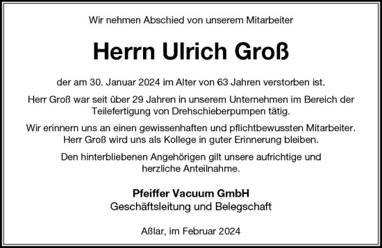 Traueranzeige von Ulrich  Groß von Wetzlarer Neue Zeitung