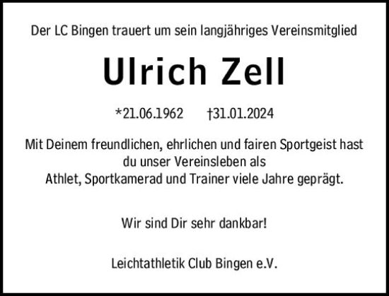 Traueranzeige von Ulrich Zell von Allgemeine Zeitung Bingen/Ingelheim