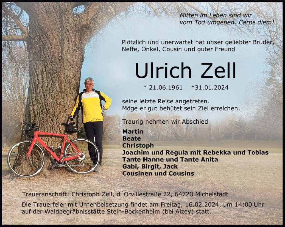  Traueranzeige für Ulrich Zell vom 10.02.2024 aus Allgemeine Zeitung Bingen/Ingelheim
