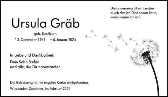 Traueranzeige von Ursula  Gräb von Wiesbadener Kurier