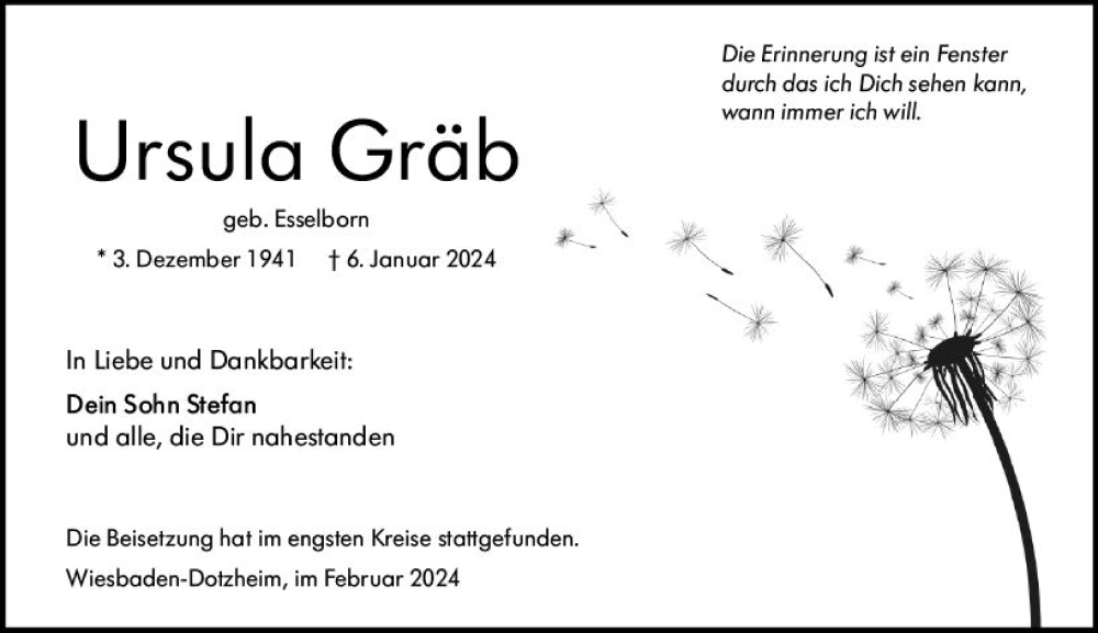  Traueranzeige für Ursula  Gräb vom 10.02.2024 aus Wiesbadener Kurier