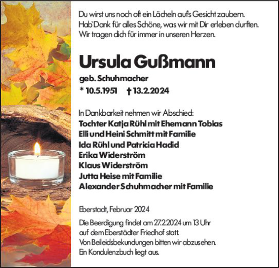 Traueranzeige von Ursula Gußmann von Darmstädter Echo