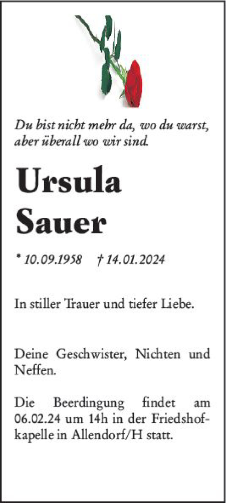  Traueranzeige für Ursula Sauer vom 05.02.2024 aus Hinterländer Anzeiger