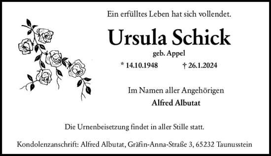 Traueranzeige von Ursula Schick von Wiesbadener Kurier