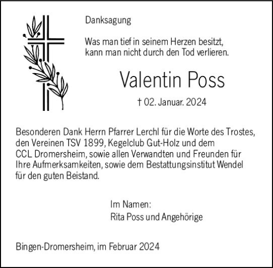 Traueranzeige von Valentin Poss von Allgemeine Zeitung Bingen/Ingelheim