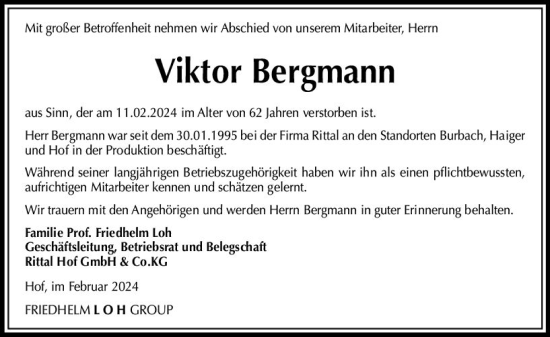 Traueranzeige von Viktor Bergmann von Dill Block