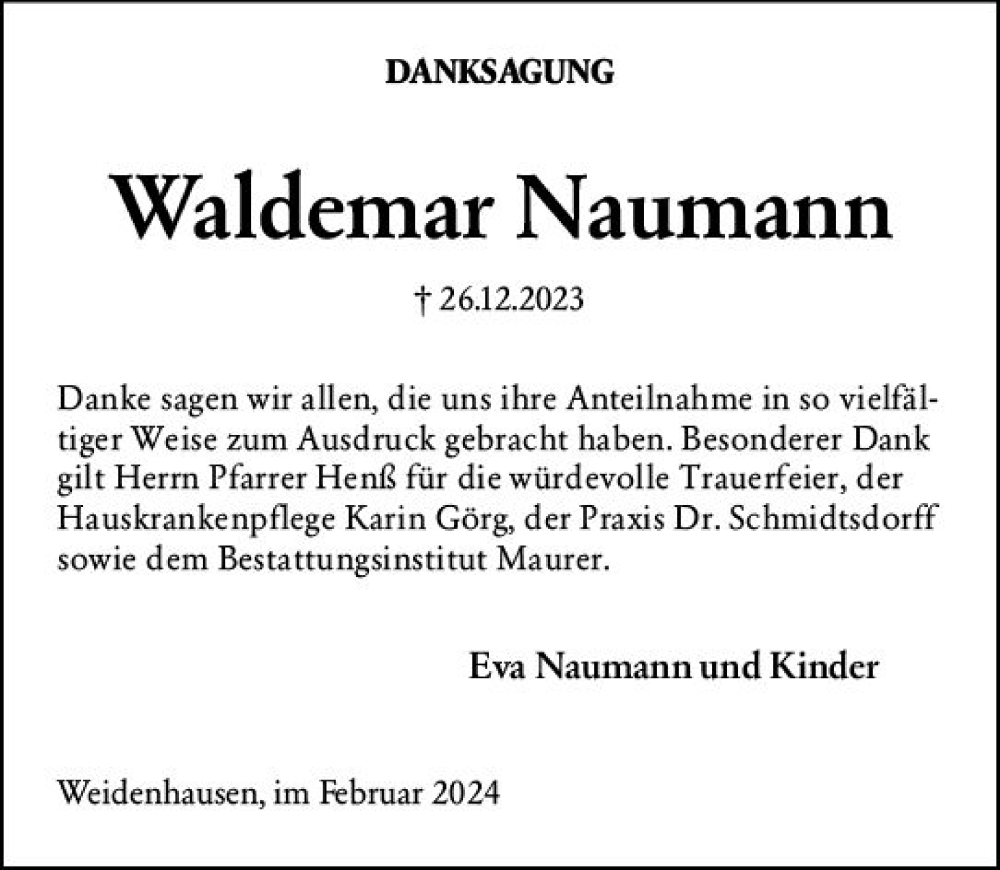  Traueranzeige für Waldemar Naumann vom 10.02.2024 aus Hinterländer Anzeiger