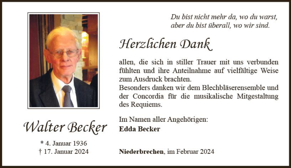  Traueranzeige für Walter Becker vom 24.02.2024 aus Nassauische Neue Presse