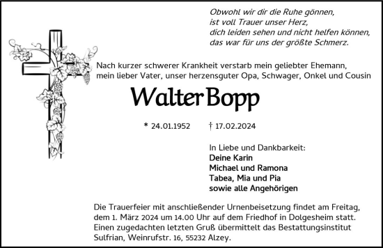 Traueranzeige von Walter Bopp von Allgemeine Zeitung Alzey