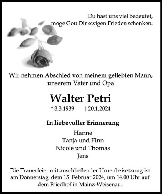 Traueranzeige von Walter Petri von Allgemeine Zeitung Mainz