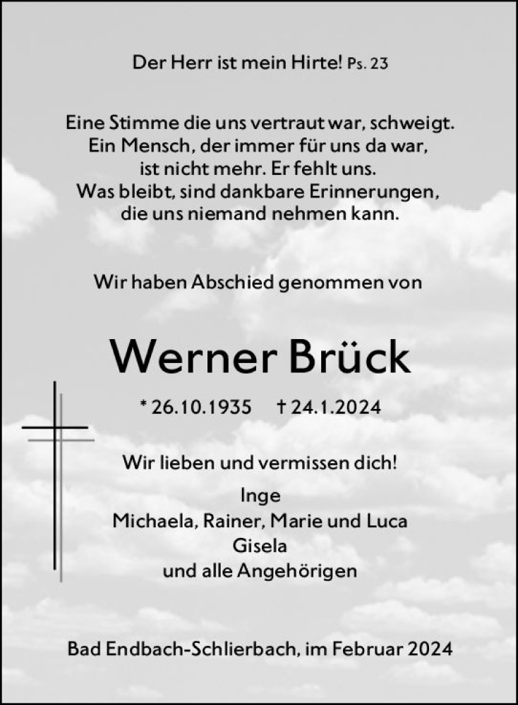  Traueranzeige für Werner Brück vom 01.02.2024 aus Hinterländer Anzeiger