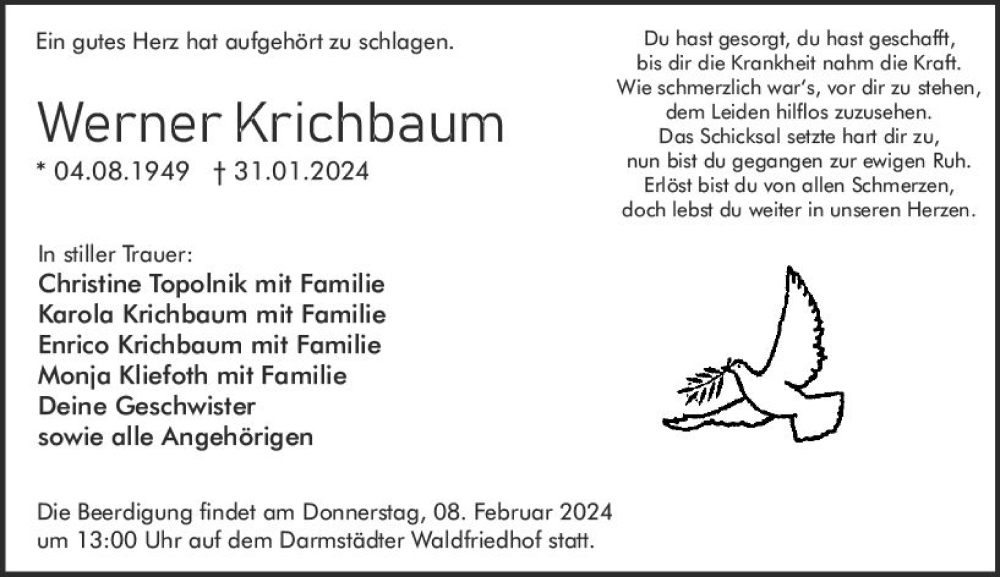  Traueranzeige für Werner Krichbaum vom 07.02.2024 aus Darmstädter Echo