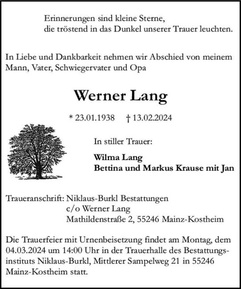  Traueranzeige für Werner Lang vom 24.02.2024 aus Allgemeine Zeitung Mainz