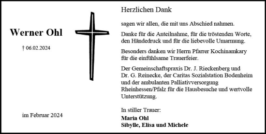 Traueranzeige von Werner Ohl von Allgemeine Zeitung Mainz